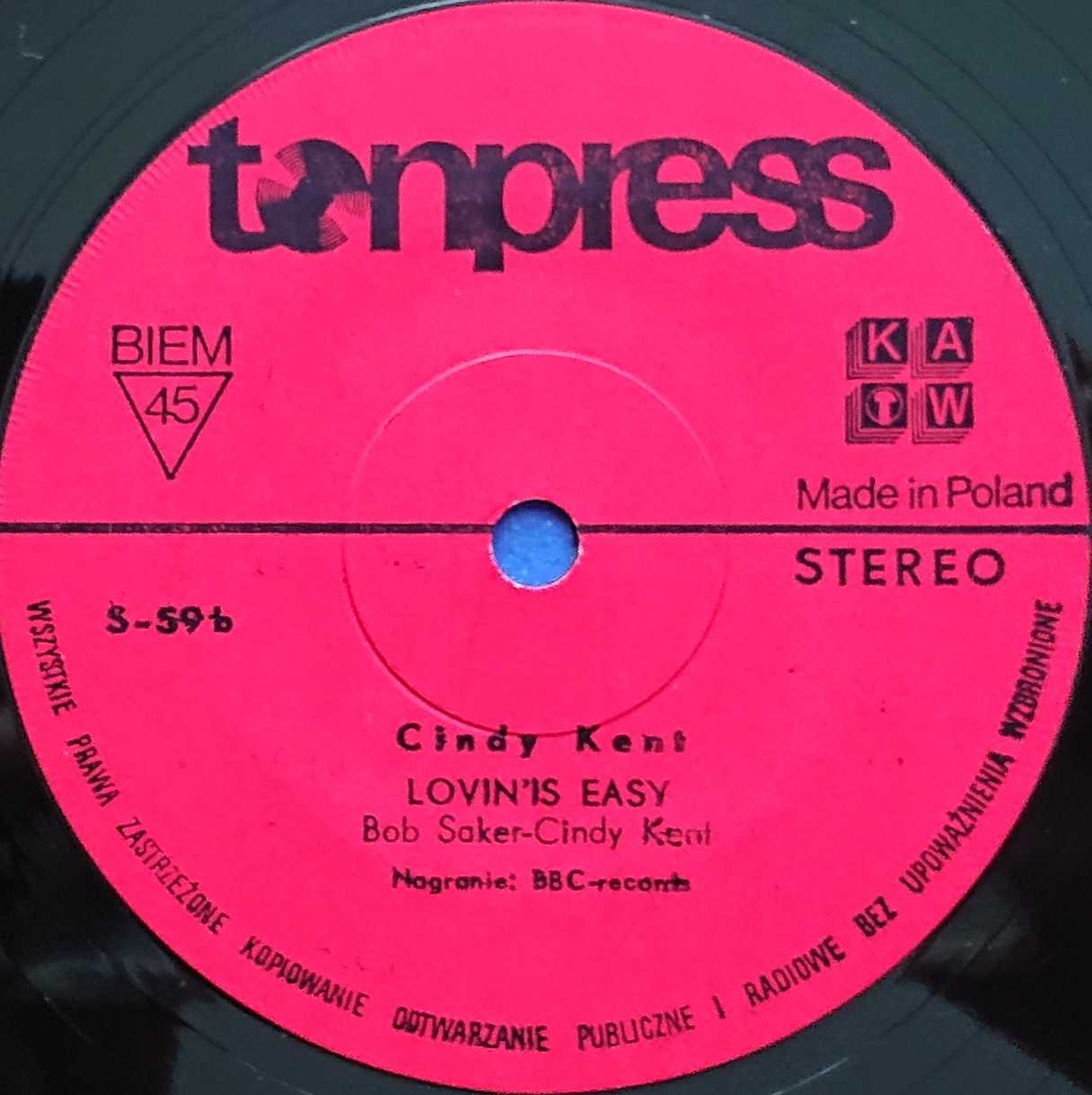 S - 59 I only want to be in the world Cindy Kent from the BBC records and Tapes library Label